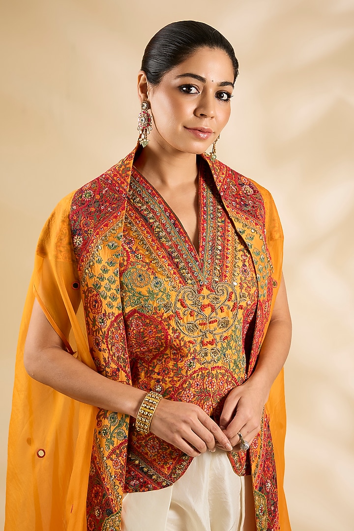 Orange Silk Embroidered & Printed Jacket Set by Debyani at Pernia's Pop Up Shop
