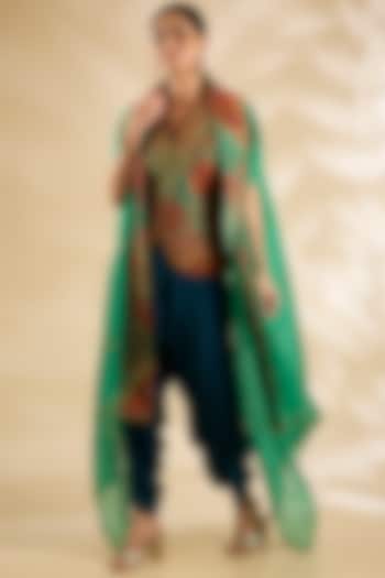 Green Silk Embroidered & Printed Jacket Set by Debyani at Pernia's Pop Up Shop