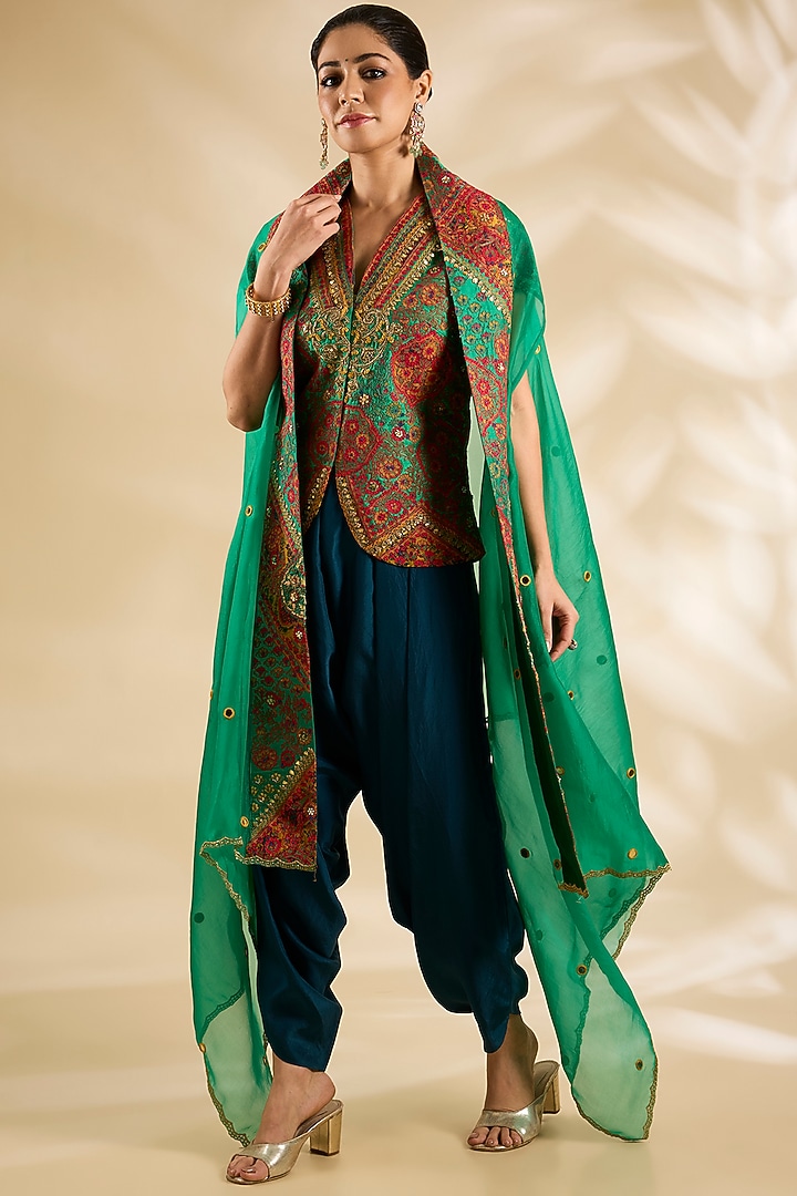 Green Silk Embroidered & Printed Jacket Set by Debyani at Pernia's Pop Up Shop