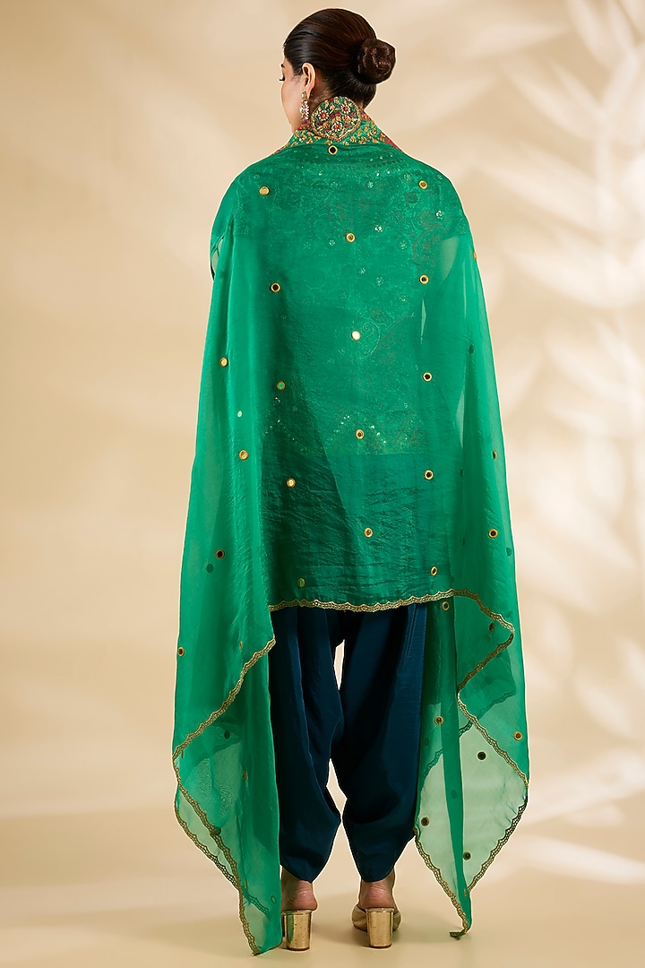 Green Silk Embroidered & Printed Jacket Set by Debyani at Pernia's Pop Up Shop