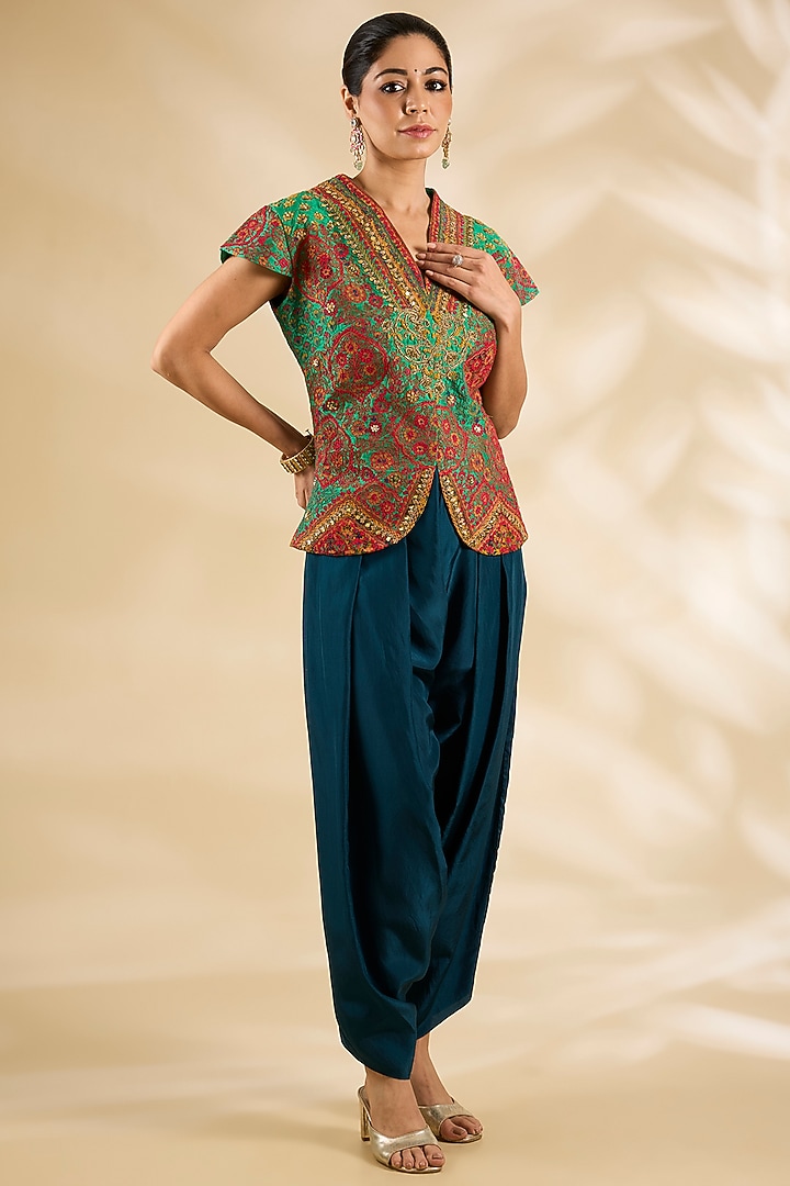Green Silk Embroidered & Printed Jacket Set by Debyani at Pernia's Pop Up Shop