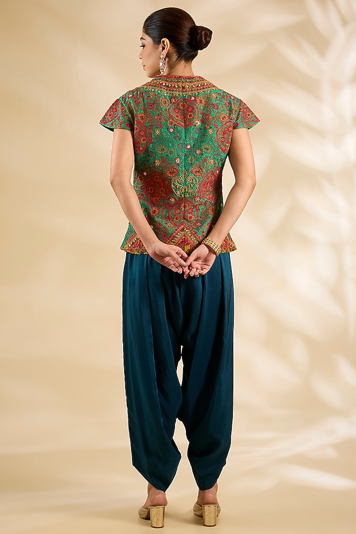 Green Silk Embroidered & Printed Jacket Set by Debyani at Pernia's Pop Up Shop