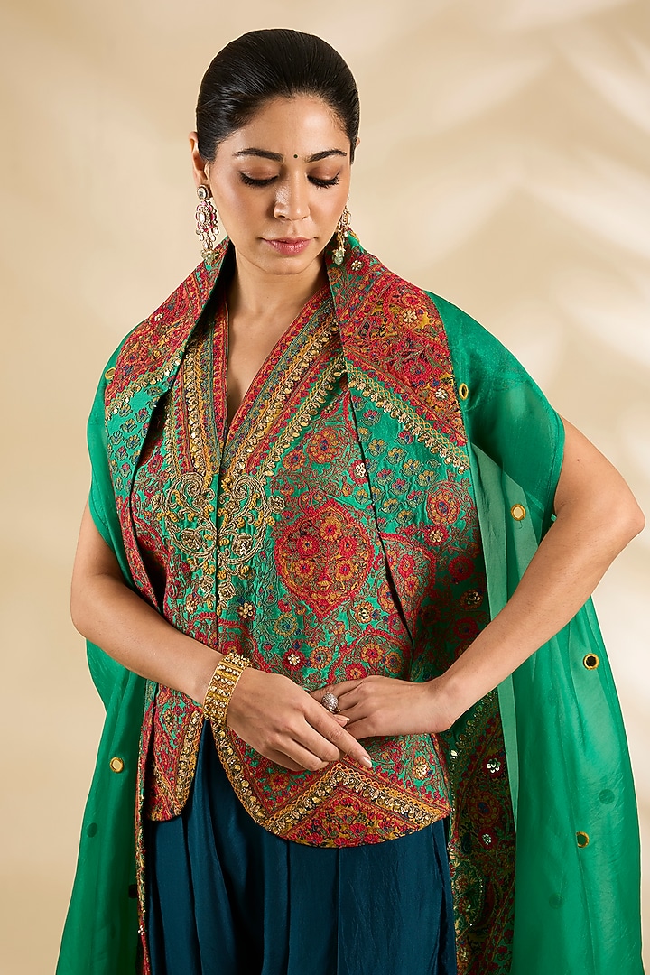 Green Silk Embroidered & Printed Jacket Set by Debyani at Pernia's Pop Up Shop