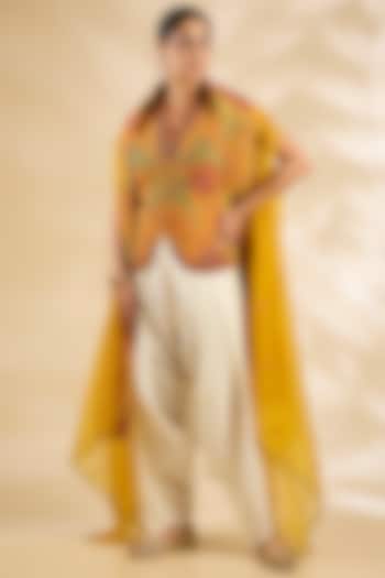 Yellow Silk Embroidered & Printed Jacket Set by Debyani at Pernia's Pop Up Shop