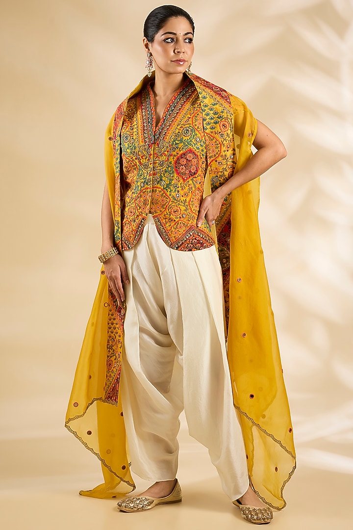 Yellow Silk Embroidered & Printed Jacket Set by Debyani at Pernia's Pop Up Shop