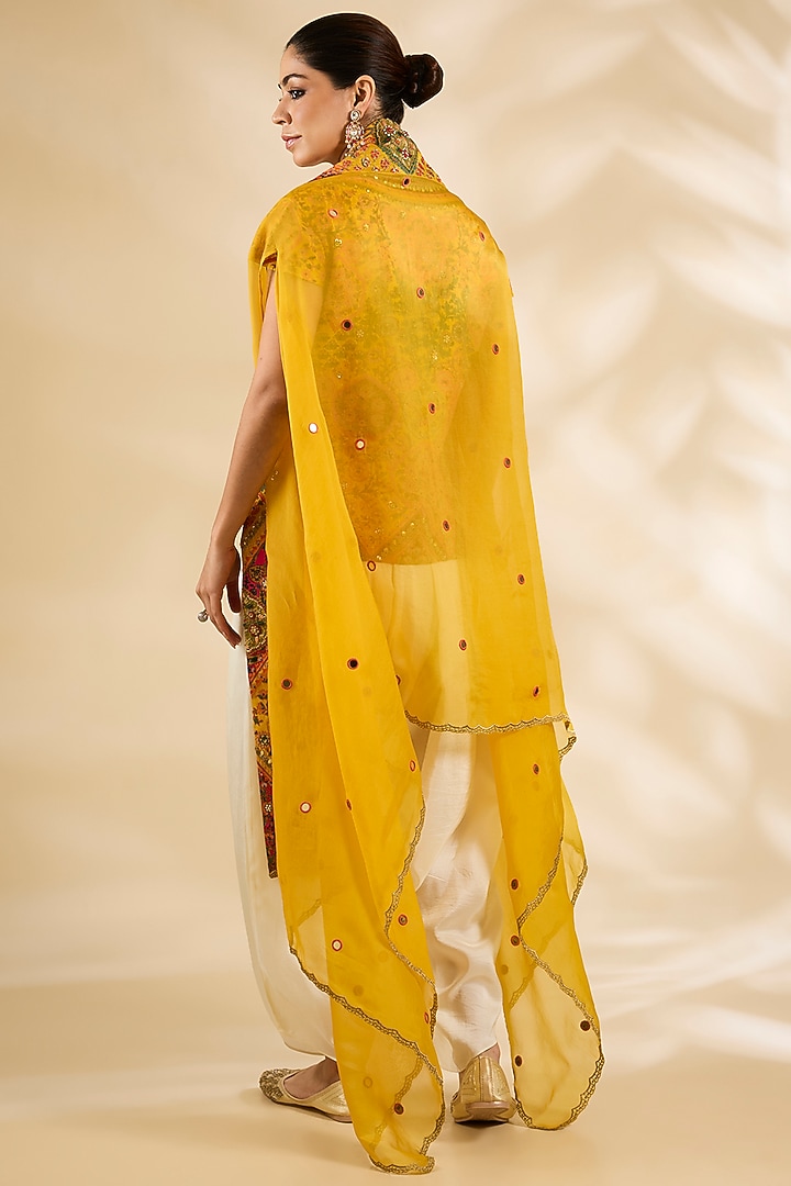 Yellow Silk Embroidered & Printed Jacket Set by Debyani at Pernia's Pop Up Shop