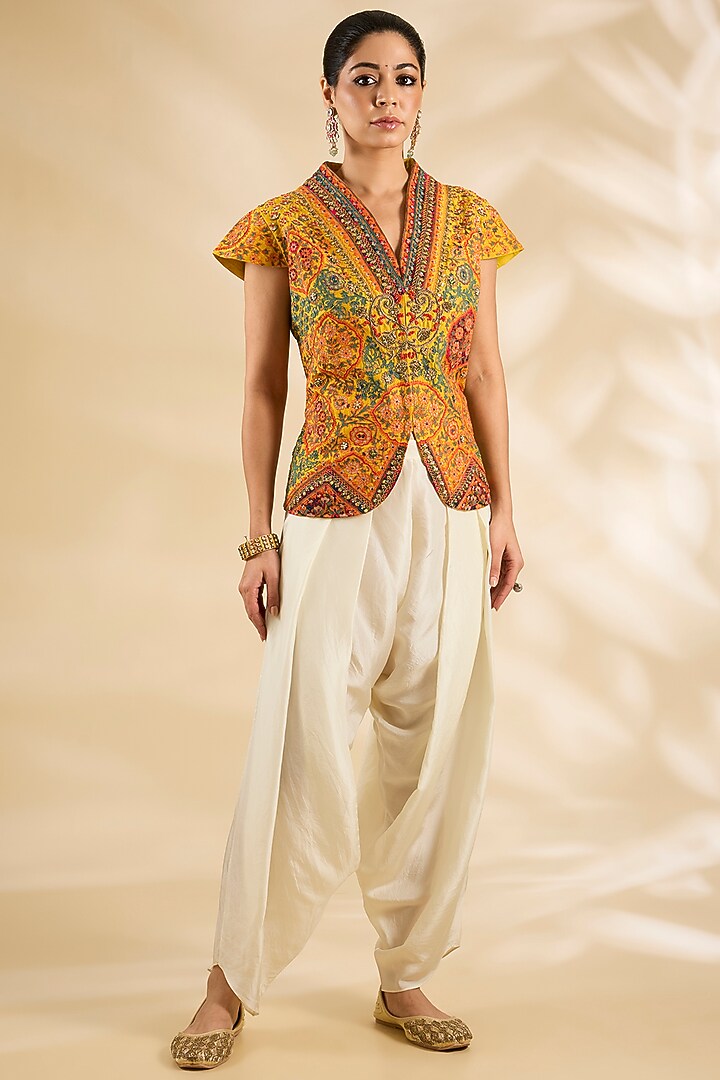 Yellow Silk Embroidered & Printed Jacket Set by Debyani at Pernia's Pop Up Shop