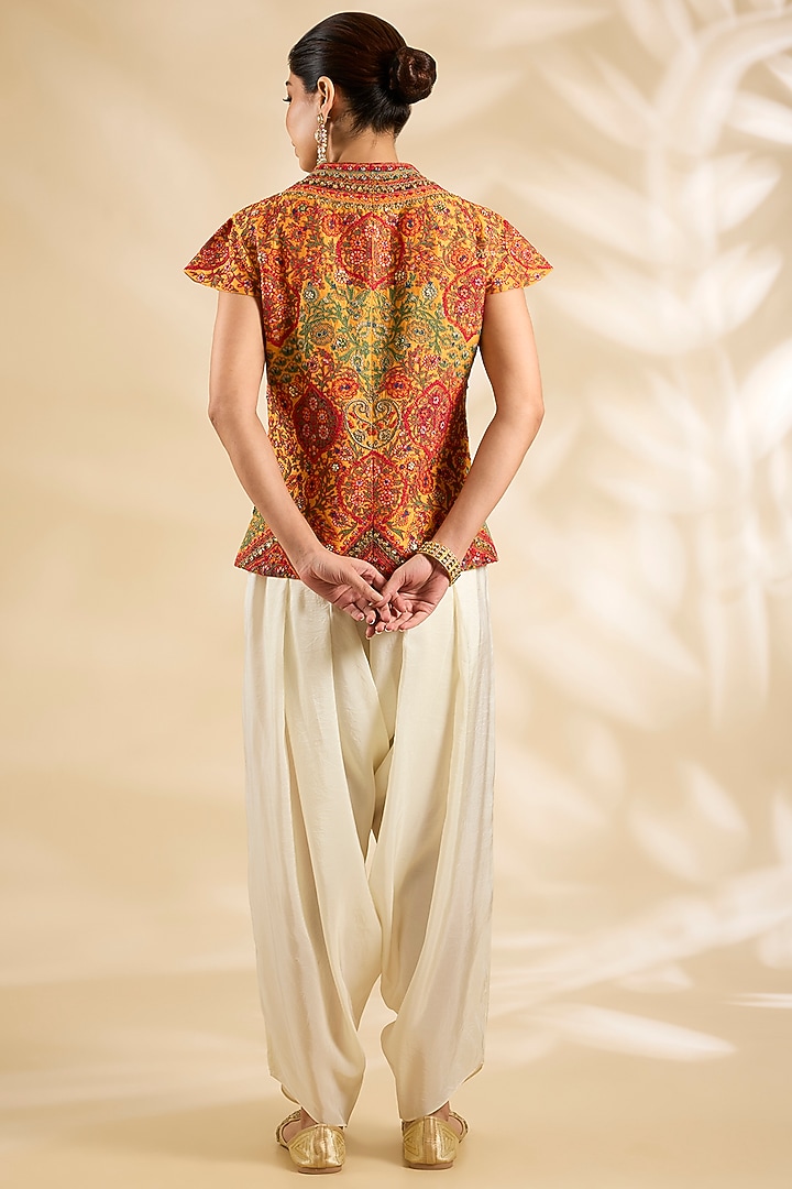 Yellow Silk Embroidered & Printed Jacket Set by Debyani at Pernia's Pop Up Shop