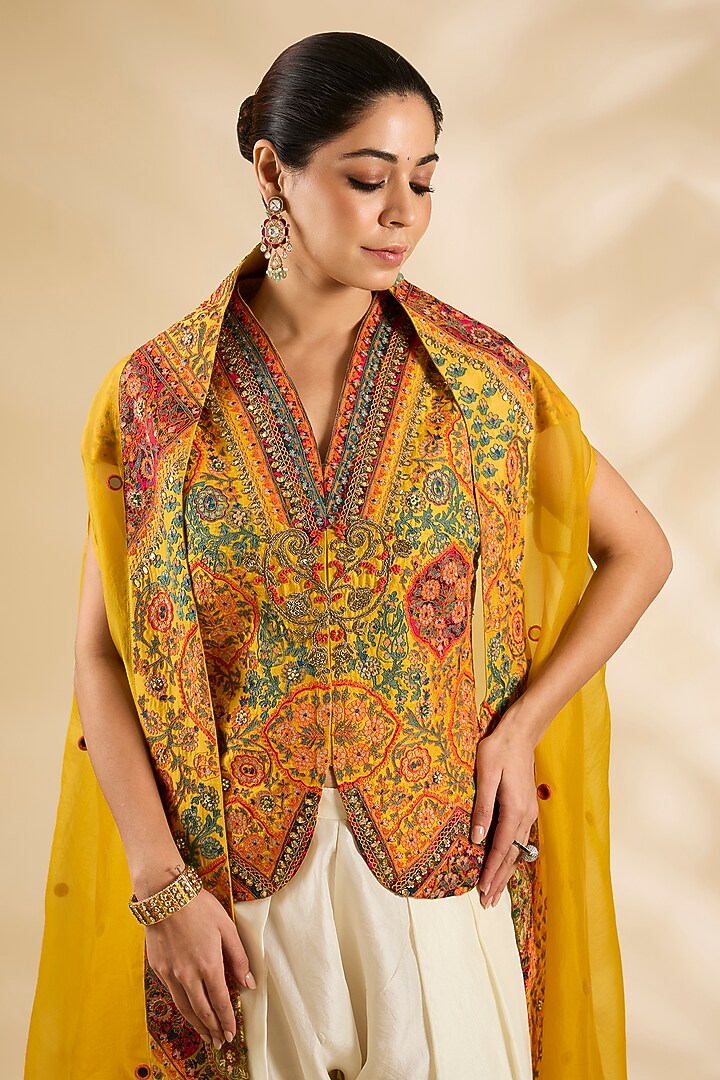 Yellow Silk Embroidered & Printed Jacket Set by Debyani at Pernia's Pop Up Shop