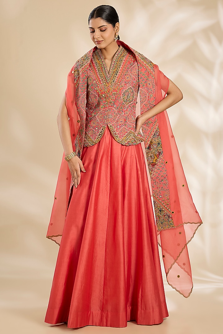 Gajari Pink Silk Skirt Set by Debyani at Pernia's Pop Up Shop