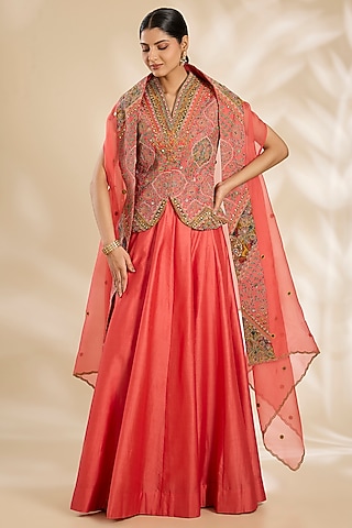 Gajari Pink Silk Skirt Set by Debyani
