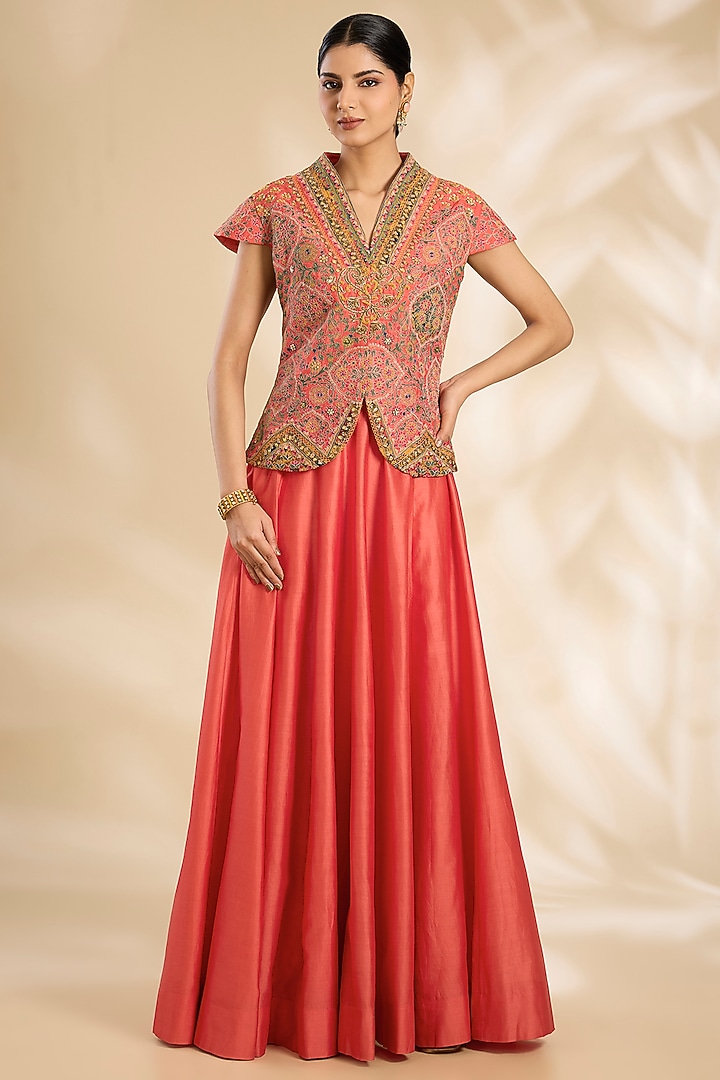 Gajari Pink Silk Skirt Set by Debyani at Pernia's Pop Up Shop