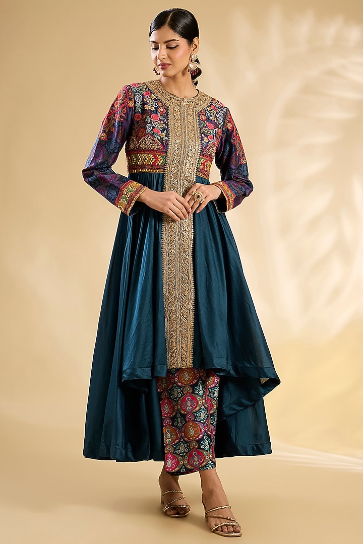 Blue Silk Hand Embroidered Tunic Set by Debyani at Pernia's Pop Up Shop