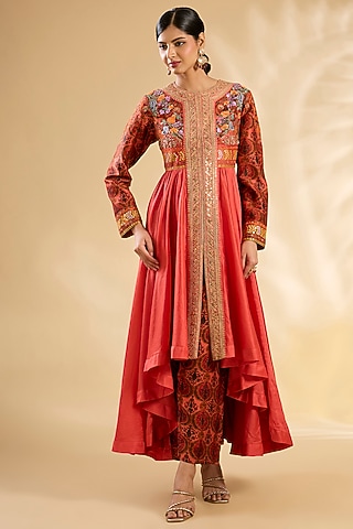 Coral Peach Silk Hand Embroidered Tunic Set by Debyani