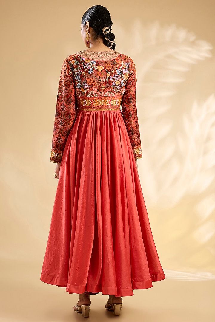 Coral Peach Silk Hand Embroidered Tunic Set by Debyani at Pernia's Pop Up Shop