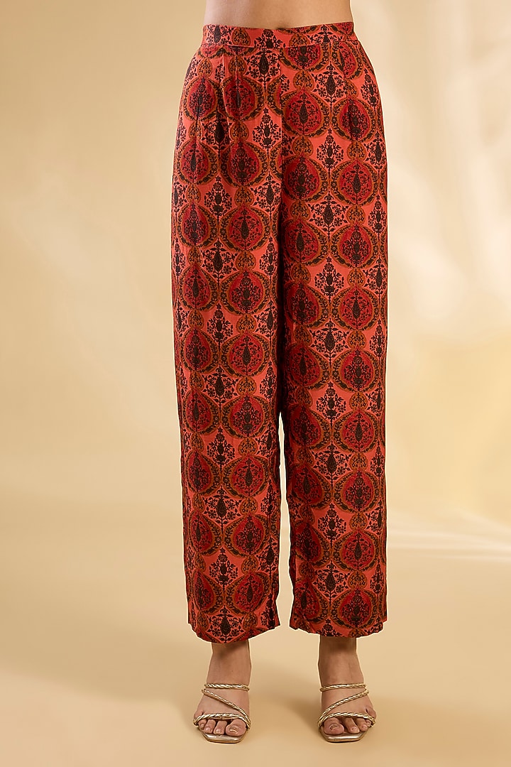 Coral Peach Silk Hand Embroidered Tunic Set by Debyani at Pernia's Pop Up Shop