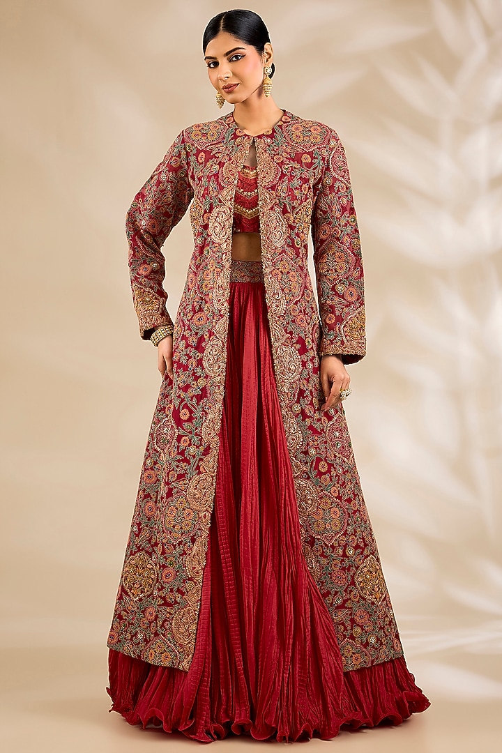 Red Chanderi Embroidered & Printed Jacket Bridal Lehenga Set by Debyani at Pernia's Pop Up Shop