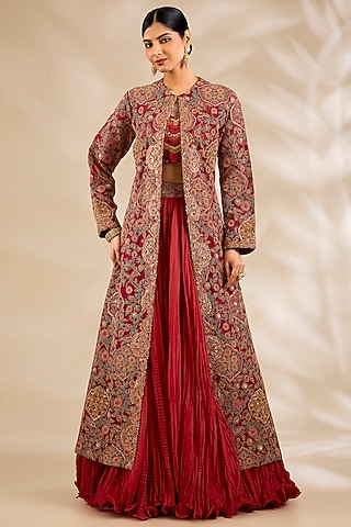 Red Chanderi Embroidered & Printed Jacket Lehenga Set by Debyani