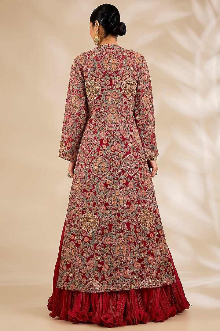 Red Chanderi Embroidered & Printed Jacket Bridal Lehenga Set by Debyani at Pernia's Pop Up Shop