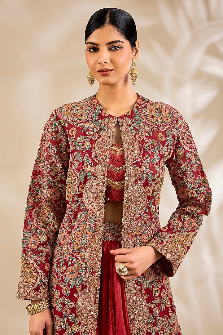 Red Chanderi Embroidered & Printed Jacket Bridal Lehenga Set by Debyani at Pernia's Pop Up Shop