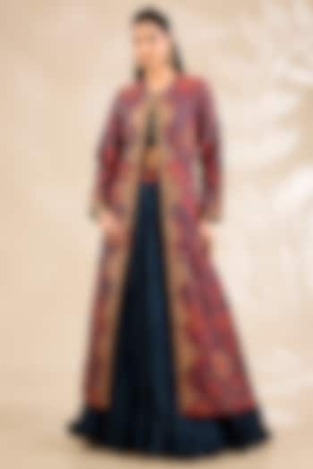 Navy Blue Chanderi Embroidered & Printed Jacket Bridal Lehenga Set by Debyani at Pernia's Pop Up Shop