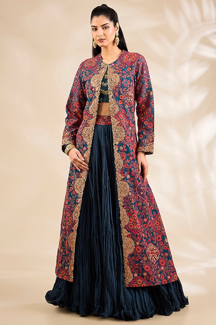 Navy Blue Chanderi Embroidered & Printed Jacket Bridal Lehenga Set by Debyani at Pernia's Pop Up Shop