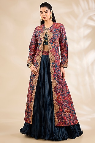 Navy Blue Chanderi Embroidered & Printed Jacket Lehenga Set by Debyani
