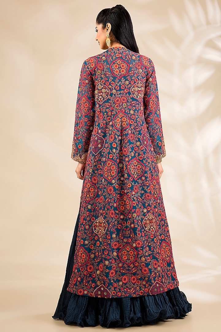 Navy Blue Chanderi Embroidered & Printed Jacket Bridal Lehenga Set by Debyani at Pernia's Pop Up Shop