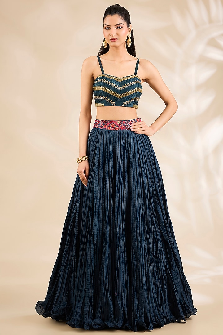 Navy Blue Chanderi Embroidered & Printed Jacket Bridal Lehenga Set by Debyani at Pernia's Pop Up Shop
