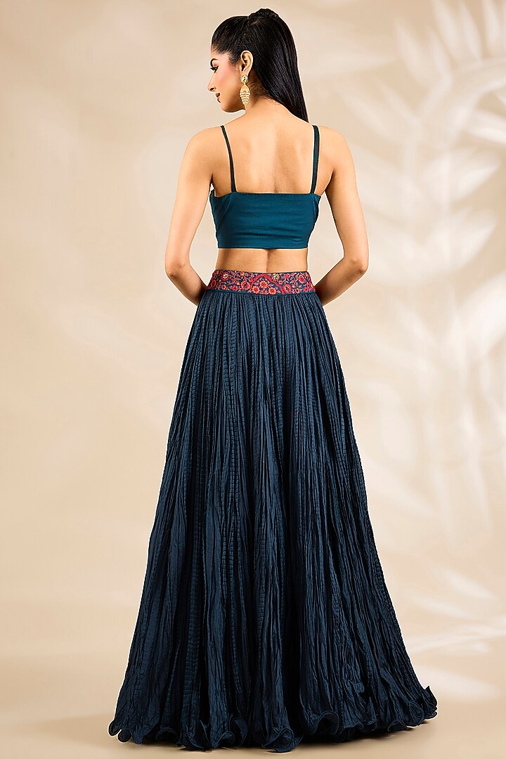 Navy Blue Chanderi Embroidered & Printed Jacket Bridal Lehenga Set by Debyani at Pernia's Pop Up Shop