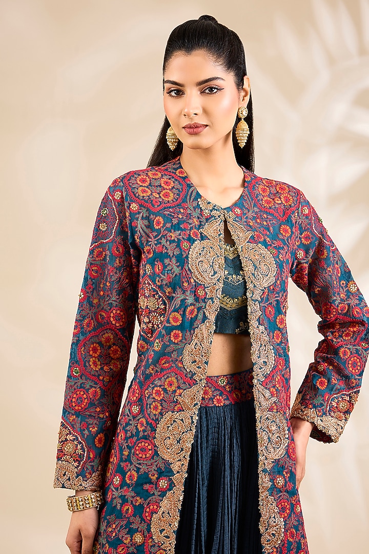 Navy Blue Chanderi Embroidered & Printed Jacket Bridal Lehenga Set by Debyani at Pernia's Pop Up Shop