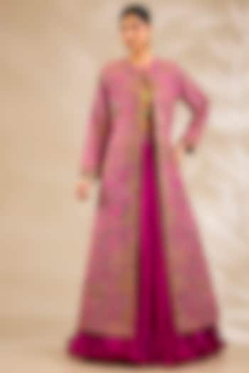 Magenta Pink Chanderi Embroidered & Printed Jacket Bridal Lehenga Set by Debyani at Pernia's Pop Up Shop