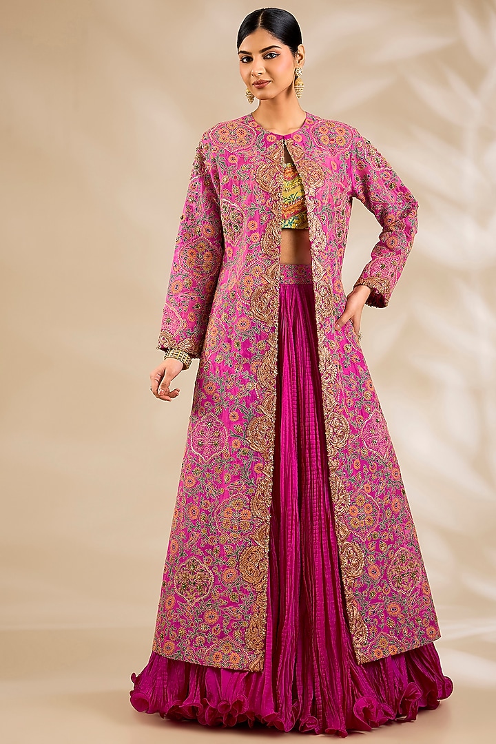 Magenta Pink Chanderi Embroidered & Printed Jacket Bridal Lehenga Set by Debyani at Pernia's Pop Up Shop