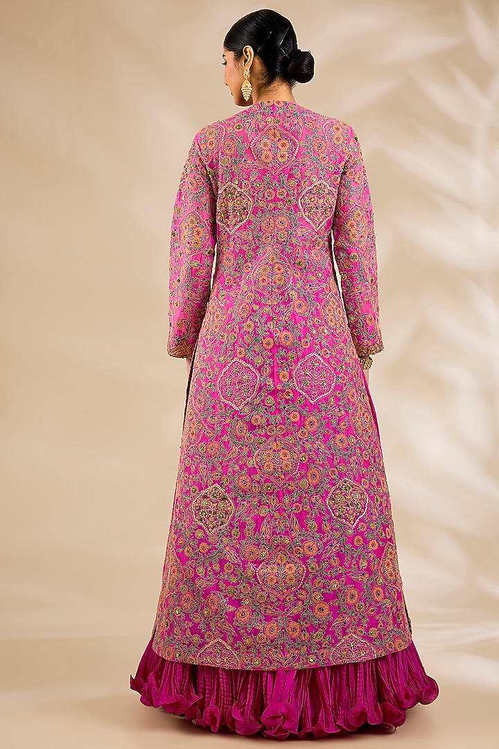 Magenta Pink Chanderi Embroidered & Printed Jacket Bridal Lehenga Set by Debyani at Pernia's Pop Up Shop