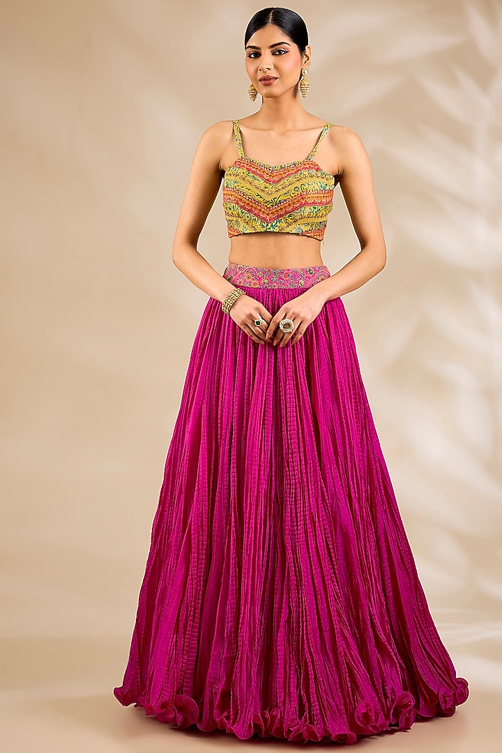 Magenta Pink Chanderi Embroidered & Printed Jacket Bridal Lehenga Set by Debyani at Pernia's Pop Up Shop