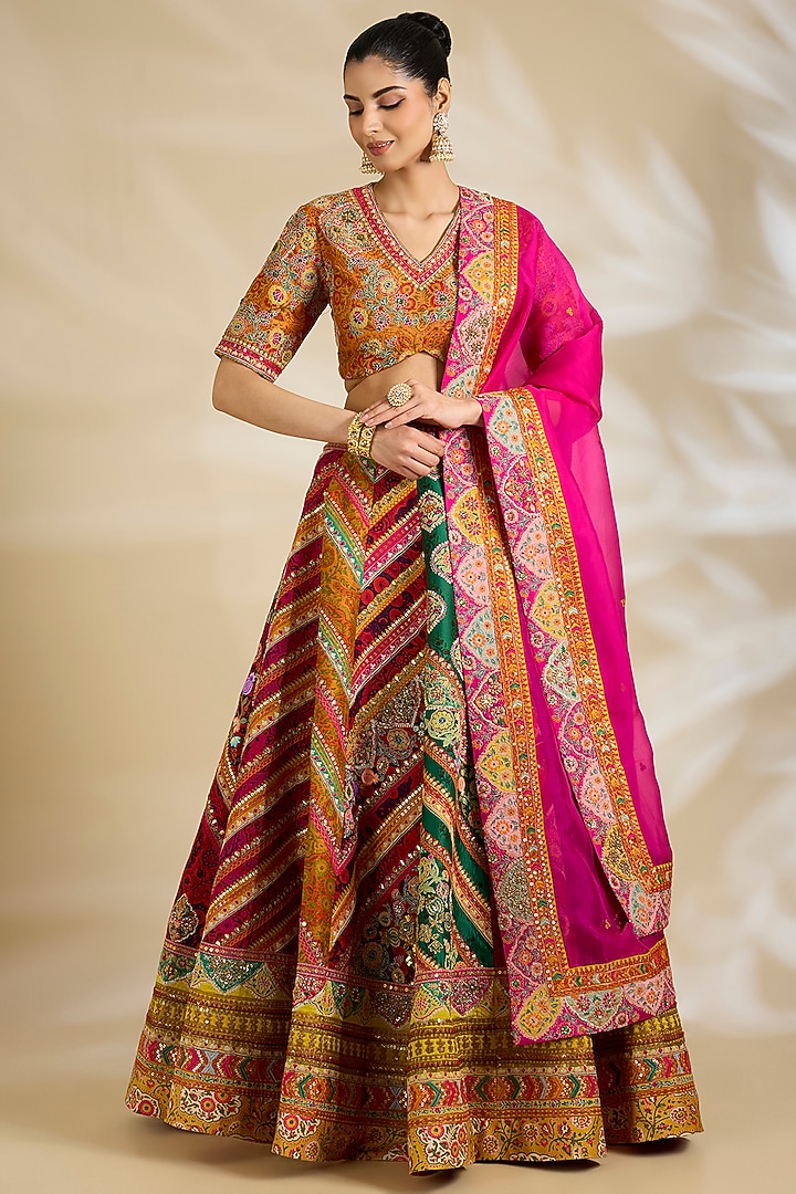 Multi-Colored Chanderi & Organza Embroidered Bridal Lehenga Set by Debyani at Pernia's Pop Up Shop