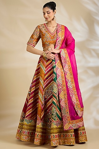 Multi-Colored Chanderi & Organza Embroidered Lehenga Set by Debyani