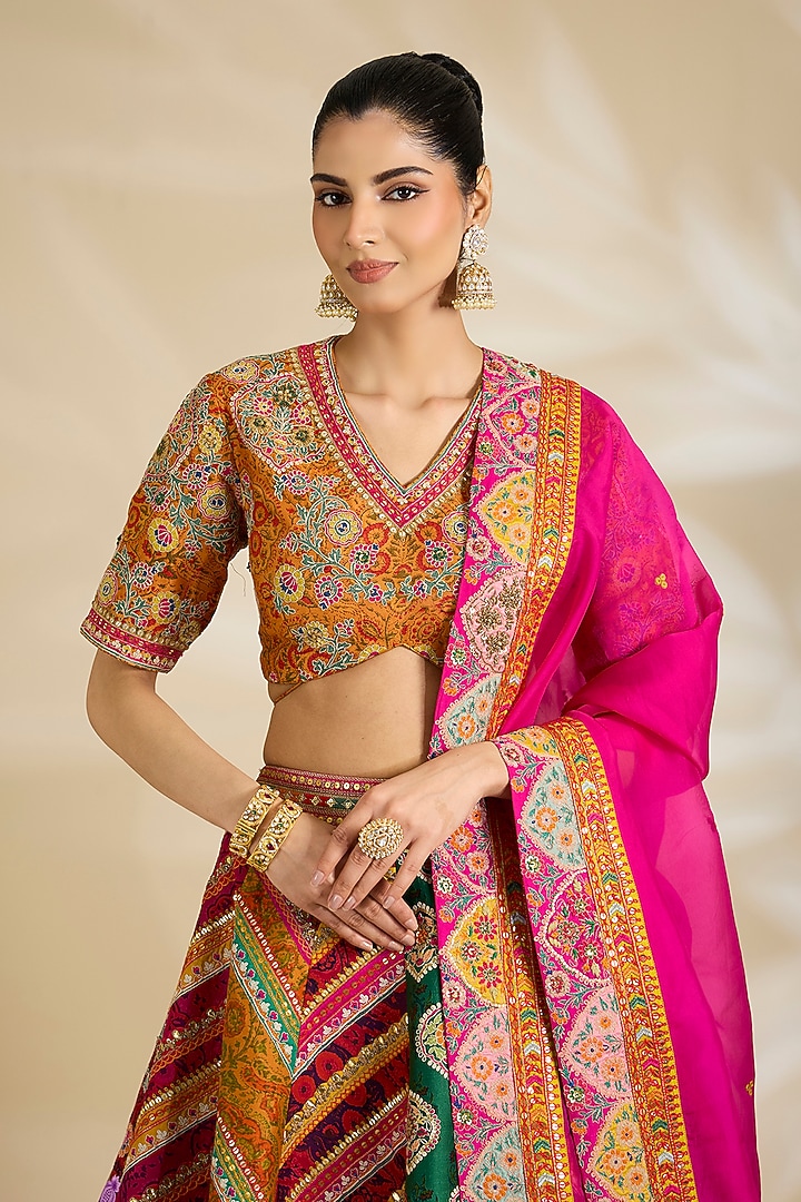Multi-Colored Chanderi & Organza Embroidered Bridal Lehenga Set by Debyani at Pernia's Pop Up Shop