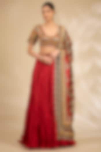 Red Chanderi Crushed Wedding Lehenga Set by Debyani at Pernia's Pop Up Shop