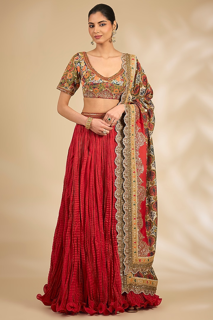 Red Chanderi Crushed Wedding Lehenga Set by Debyani at Pernia's Pop Up Shop