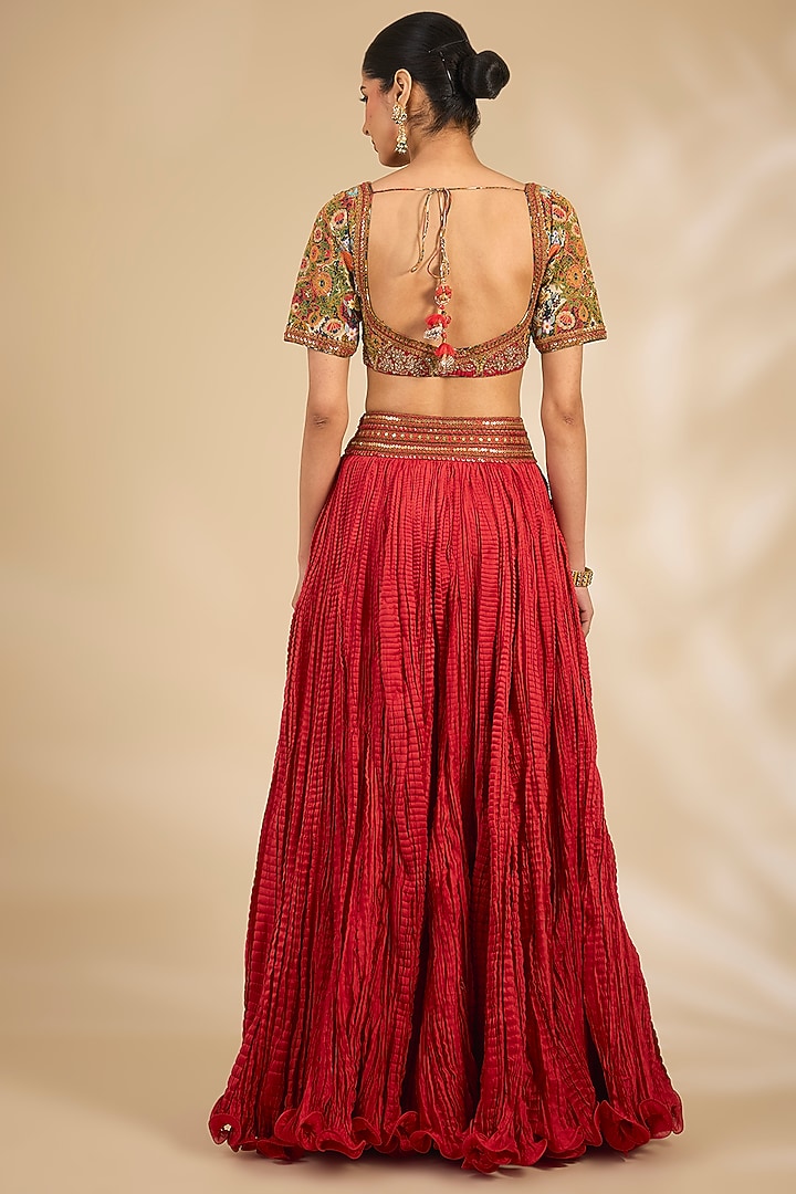 Red Chanderi Crushed Wedding Lehenga Set by Debyani at Pernia's Pop Up Shop