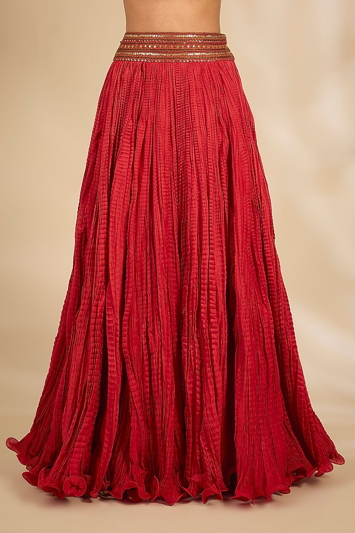 Red Chanderi Crushed Wedding Lehenga Set by Debyani at Pernia's Pop Up Shop
