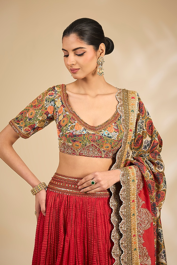 Red Chanderi Crushed Wedding Lehenga Set by Debyani at Pernia's Pop Up Shop
