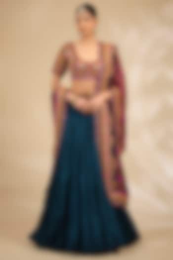 Blue Chanderi Crushed Wedding Lehenga Set by Debyani at Pernia's Pop Up Shop
