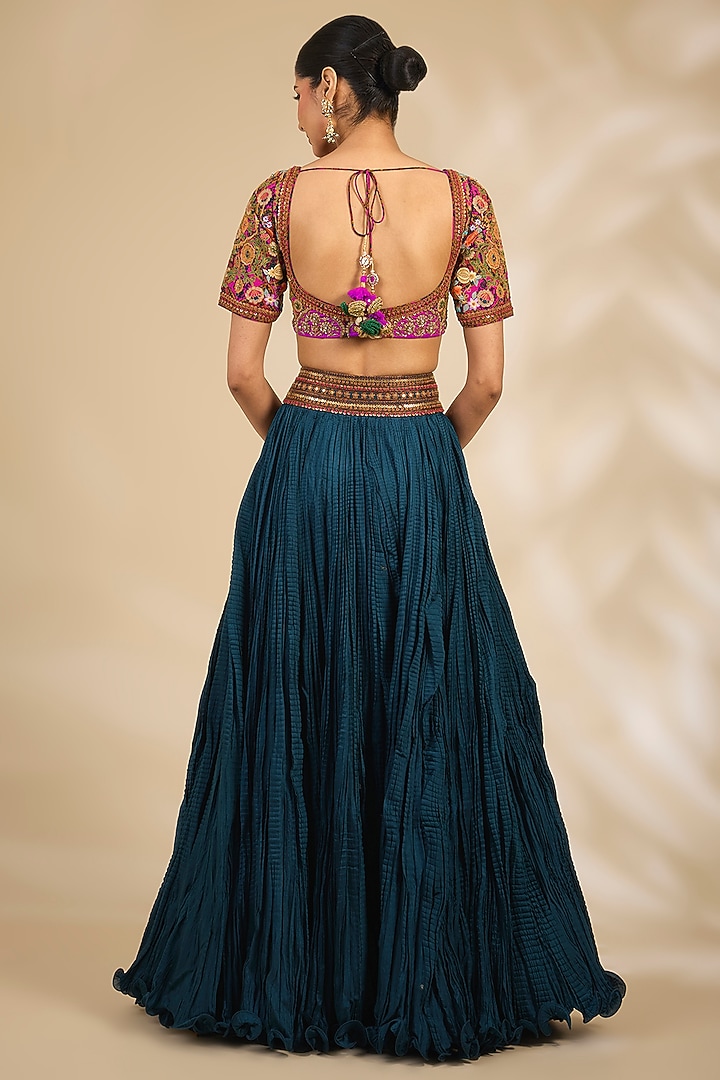 Blue Chanderi Crushed Wedding Lehenga Set by Debyani at Pernia's Pop Up Shop