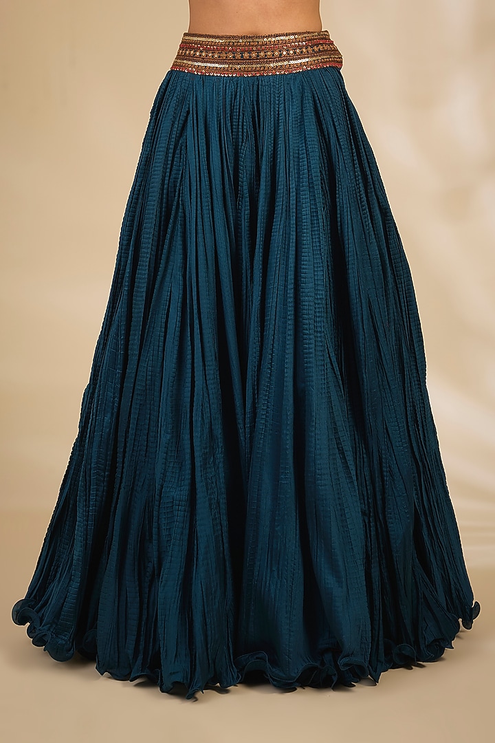 Blue Chanderi Crushed Wedding Lehenga Set by Debyani at Pernia's Pop Up Shop