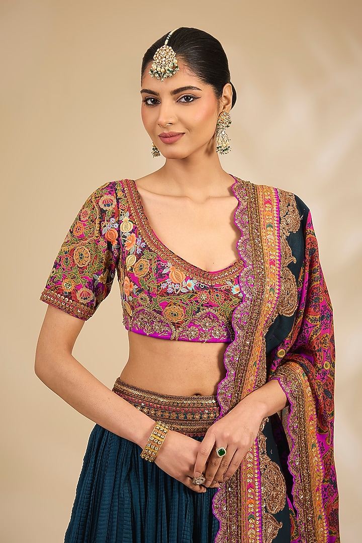 Blue Chanderi Crushed Wedding Lehenga Set by Debyani at Pernia's Pop Up Shop