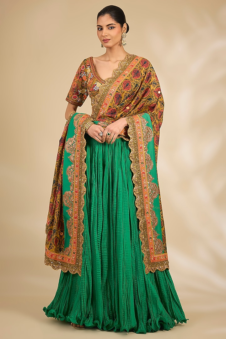 Green Chanderi Crushed Wedding Lehenga Set by Debyani at Pernia's Pop Up Shop