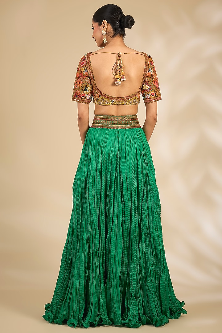 Green Chanderi Crushed Wedding Lehenga Set by Debyani at Pernia's Pop Up Shop