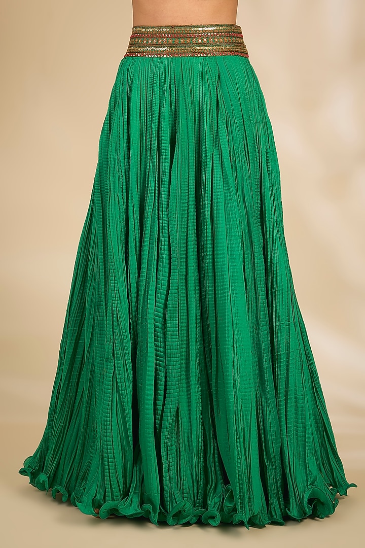 Green Chanderi Crushed Wedding Lehenga Set by Debyani at Pernia's Pop Up Shop